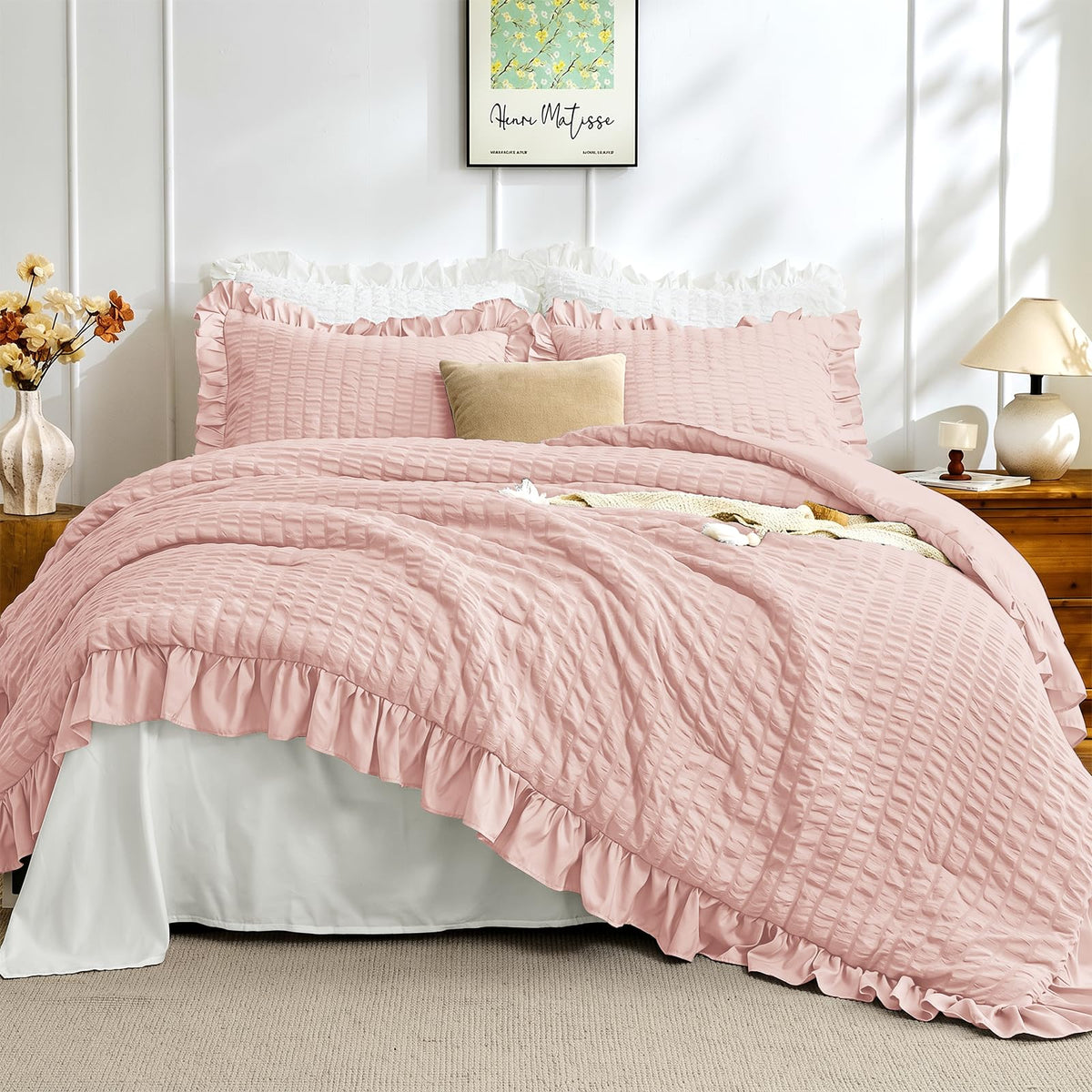 JOLLYVOGUE Ivory Comforter Full Size, 3 Pieces Seersucker Lightweight Full Size Bedding, All Season Fluffy Microfiber Bedding Comforter Set with 1 Ruffle Comforter and 2 Ruffle Pillowshams