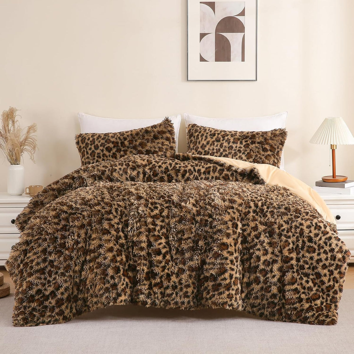 Cheetah Print Fluffy Faux Fur Comforter Set Full Size, 3 Pieces, Brown