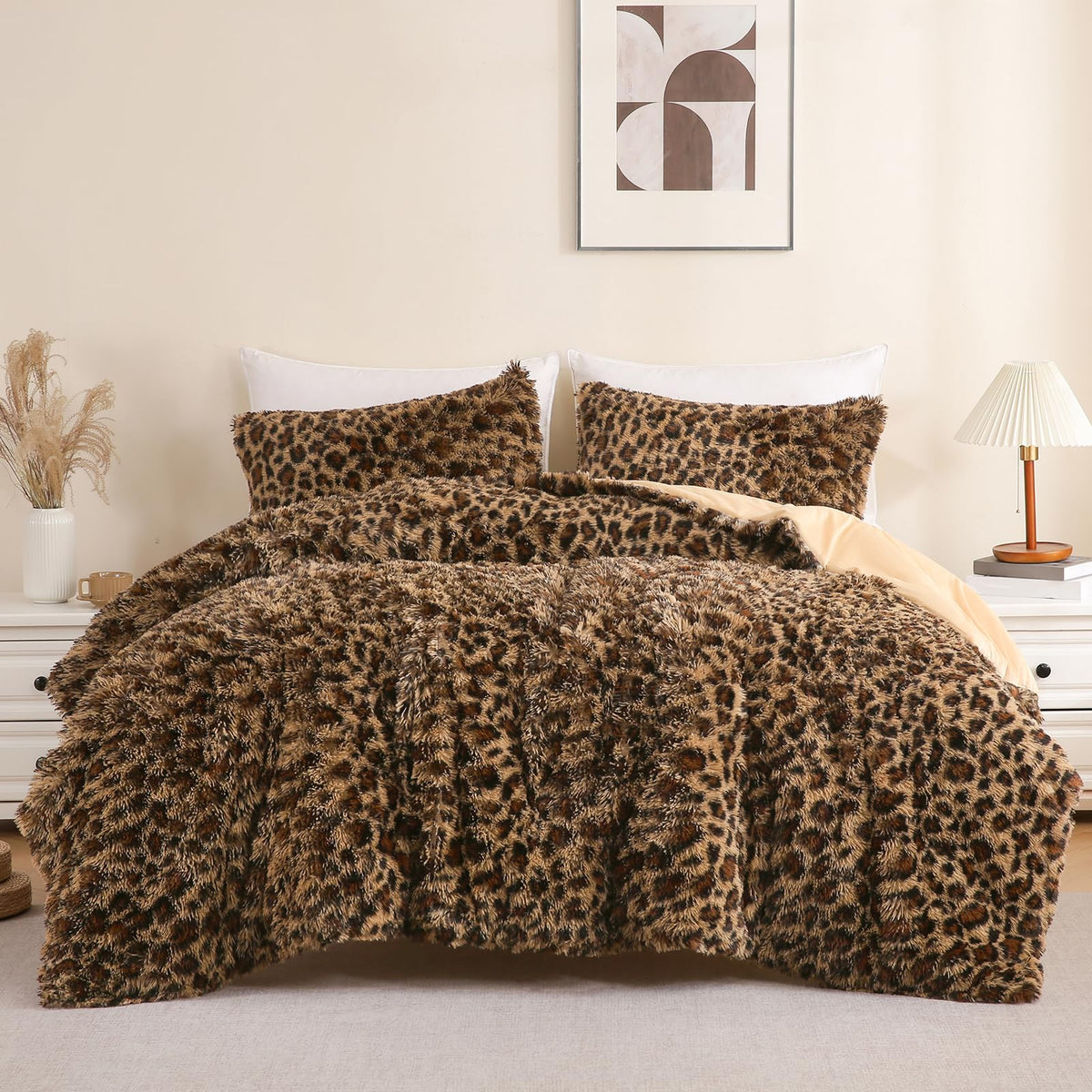 Cheetah Print Fluffy Faux Fur Comforter Set Full Size, 3 Pieces, Brown