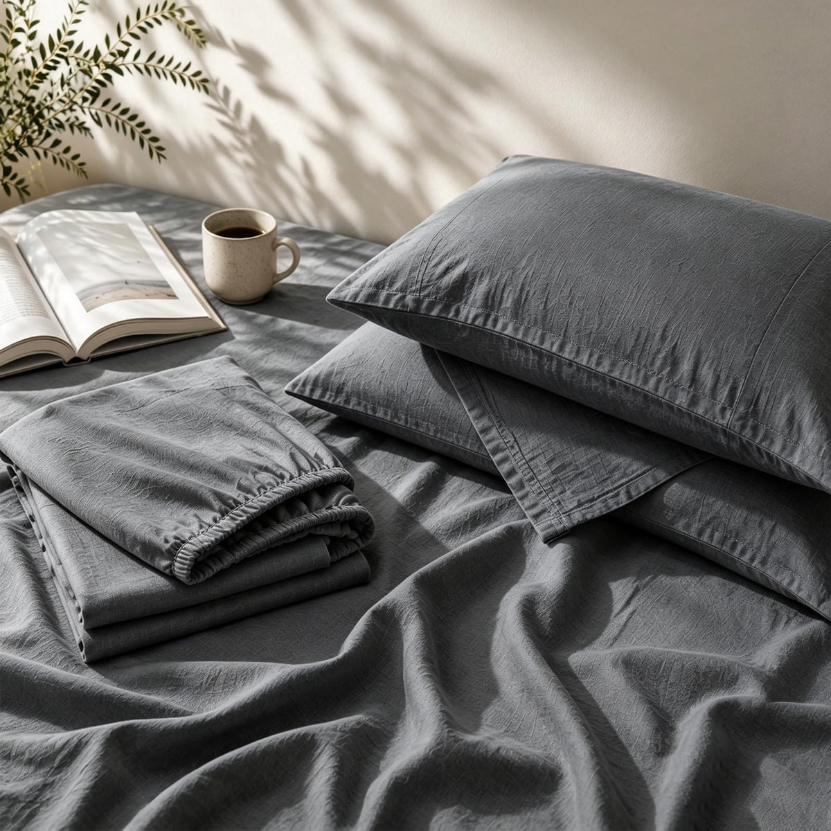 MEISHANG 100% French Linen Sheets Queen,4 Pcs,18-24" Extra Deep Pocket