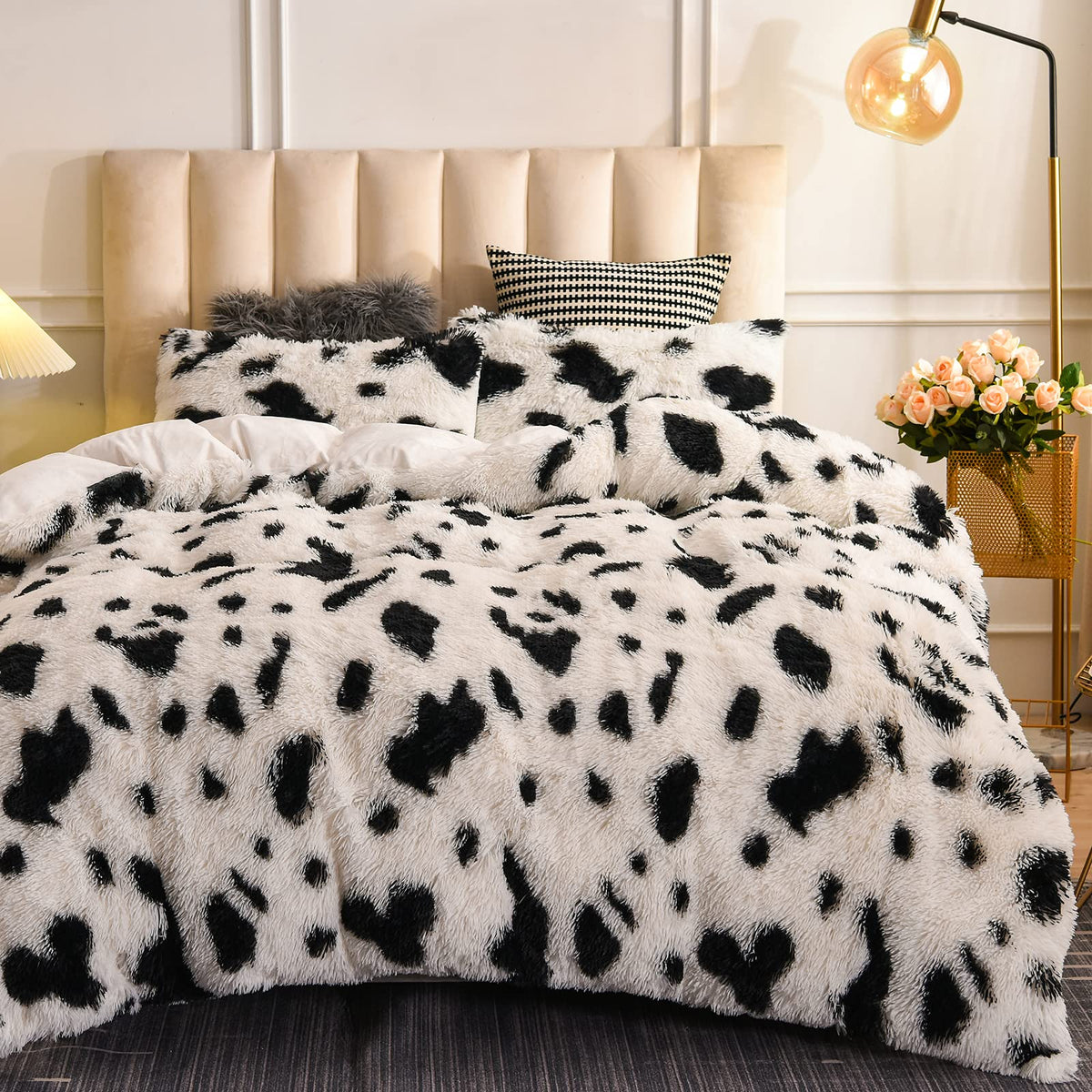 Aimuan Cow Print Duvet Cover Shaggy Fluffy Tie Dye Brown Black Velvet Bedding Cover Set Super Soft Faux Fur Fuzzy Comforter Cover with Pillowcases (Coffee-Black, Queen)