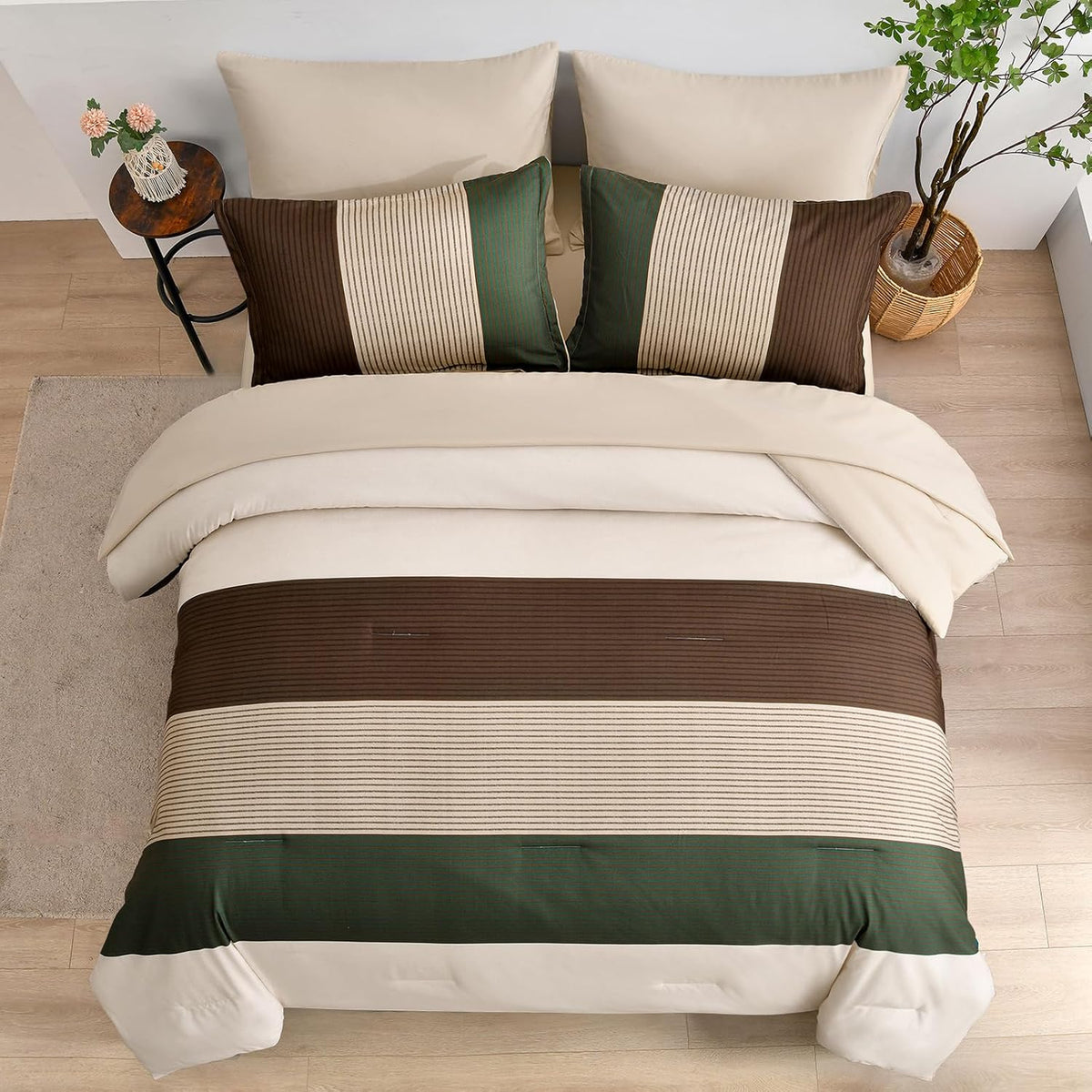 Anibedding Striped Comforter Set Queen Size, Boho Brown Green Striped Bedding Comforter Set 7 Piece Bed in a Bag, Soft Microfiber Down Alternative Farmhouse Bedding Set for All Season(90"x90")