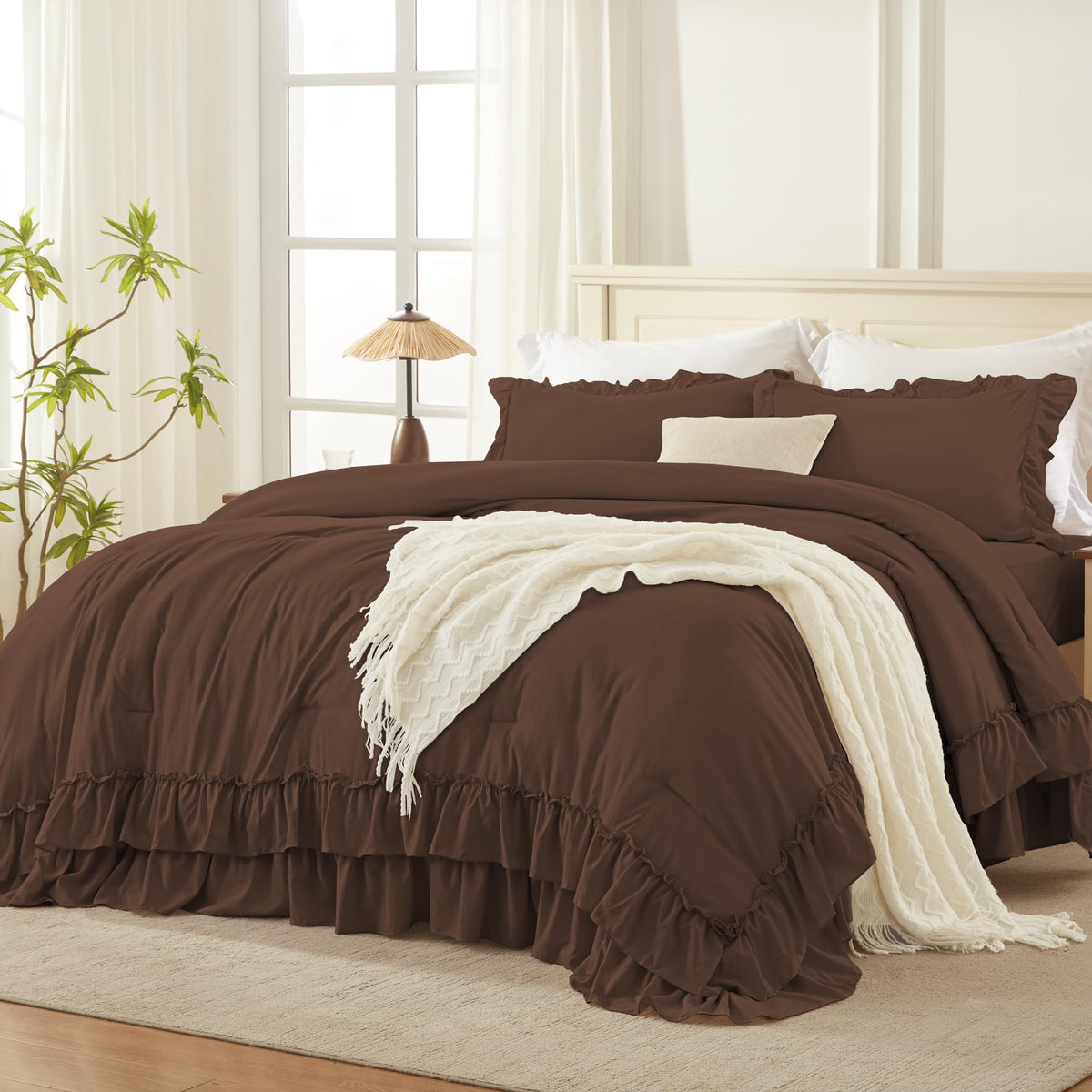 Andency Beige Ruffle Full Size Comforter Set, 3 Pieces