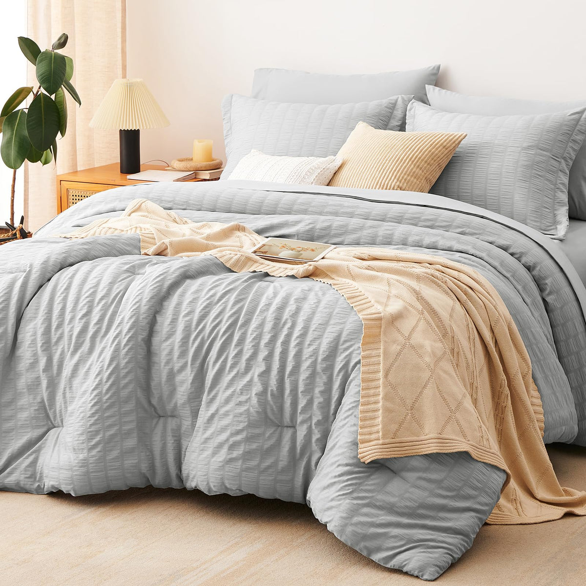 CozyLux Queen Comforter Set, 7 Pieces Beige Seersucker Bed in a Bag
