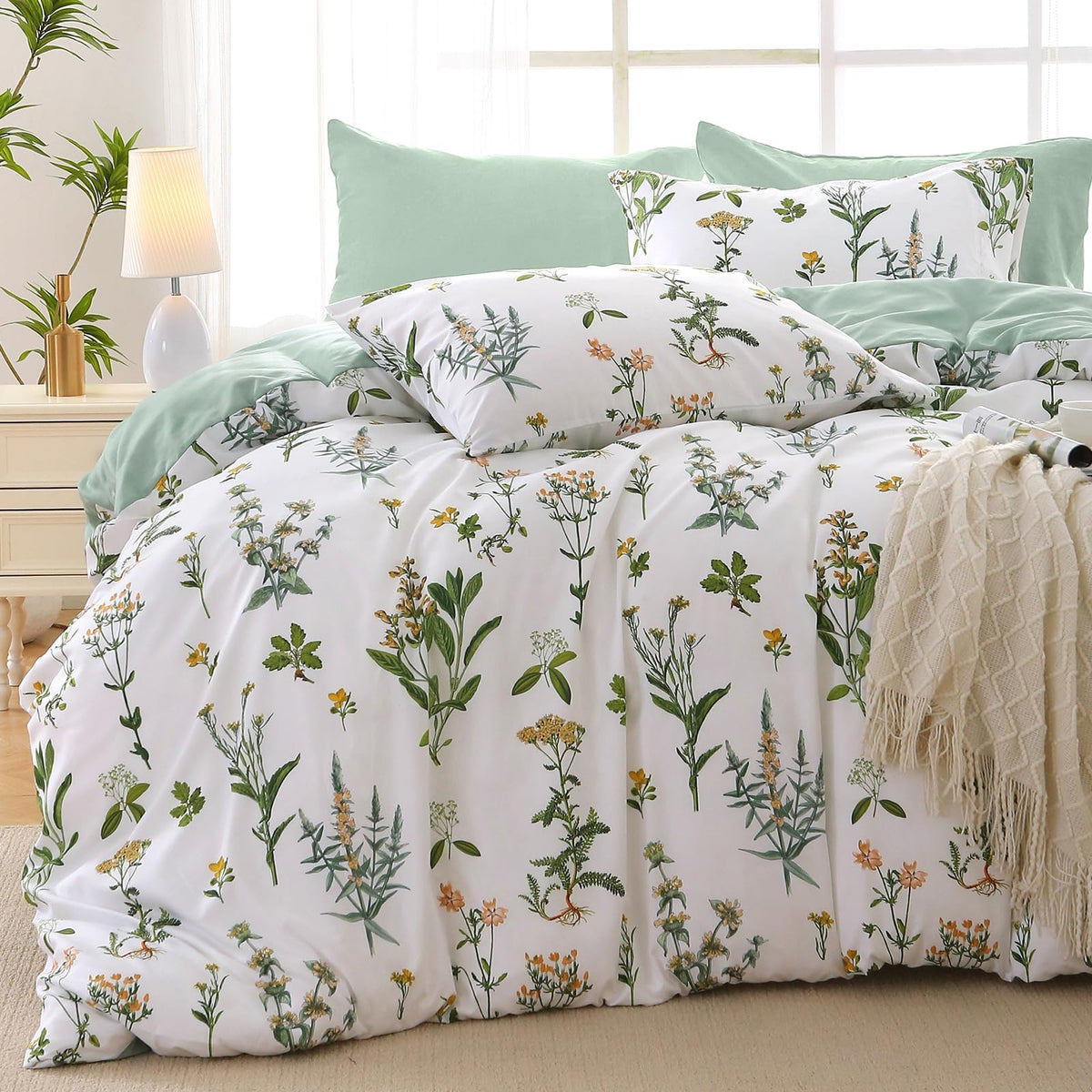 MUXHOMO Beige Full Comforter Set, Elegant Floral Print Bed in a Bag 7 Pieces, Ultra Soft & Breathable Reversible Botanical Pattern Bedding Set with Comforter, Sheets, Pillowcases, and Shams