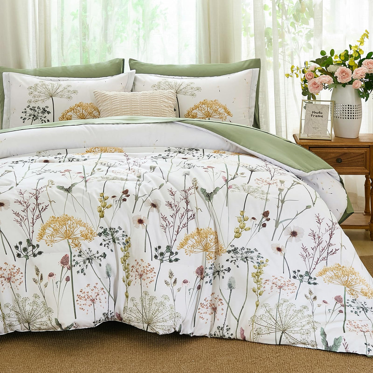 Yiran Queen Comforter Set, 7 Piece Floral Dark Green Bedding Set, Dandelion Botanical Bed in a Bag Queen, Soft Microfiber Complete Bedding Set with Comforter, Sheets, Pillowcases & Shams