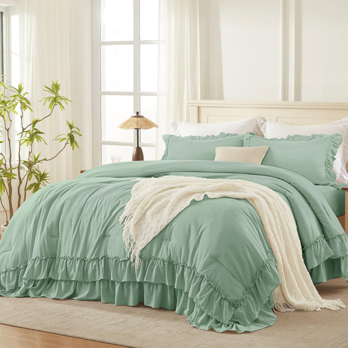 Andency Beige Ruffle Full Size Comforter Set, 3 Pieces