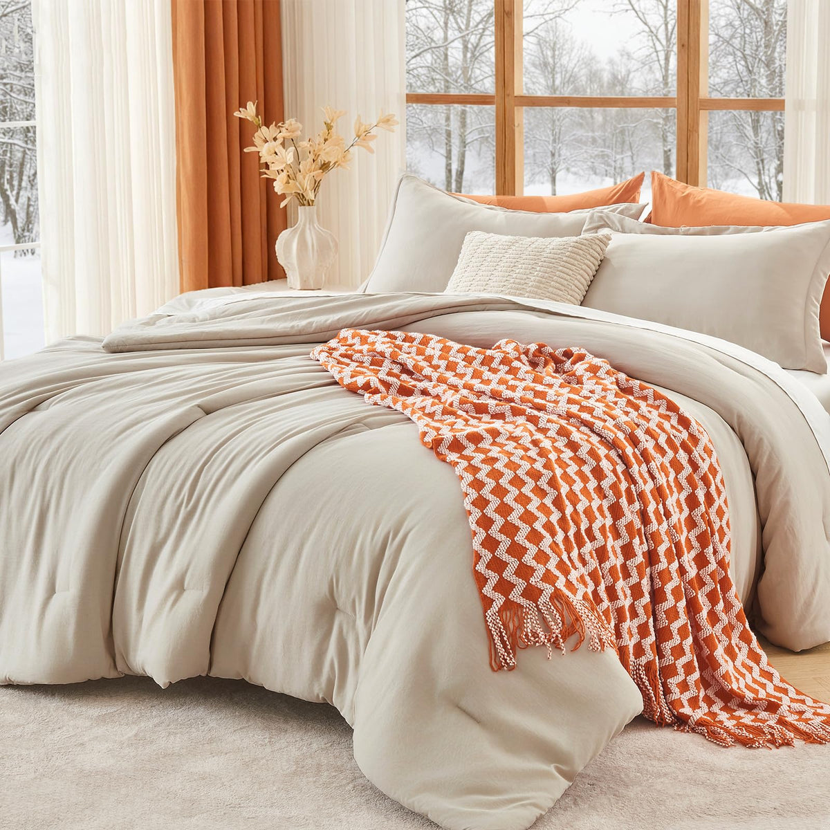 MUXHOMO Queen Size Comforter Set Beige, 3 Piece Solid Bedding for All Seasons, Warm Down Alternative Bed Set Includes 1 Lightweight Comforter (90"x90") and 2 Pillowshams (20"x26")