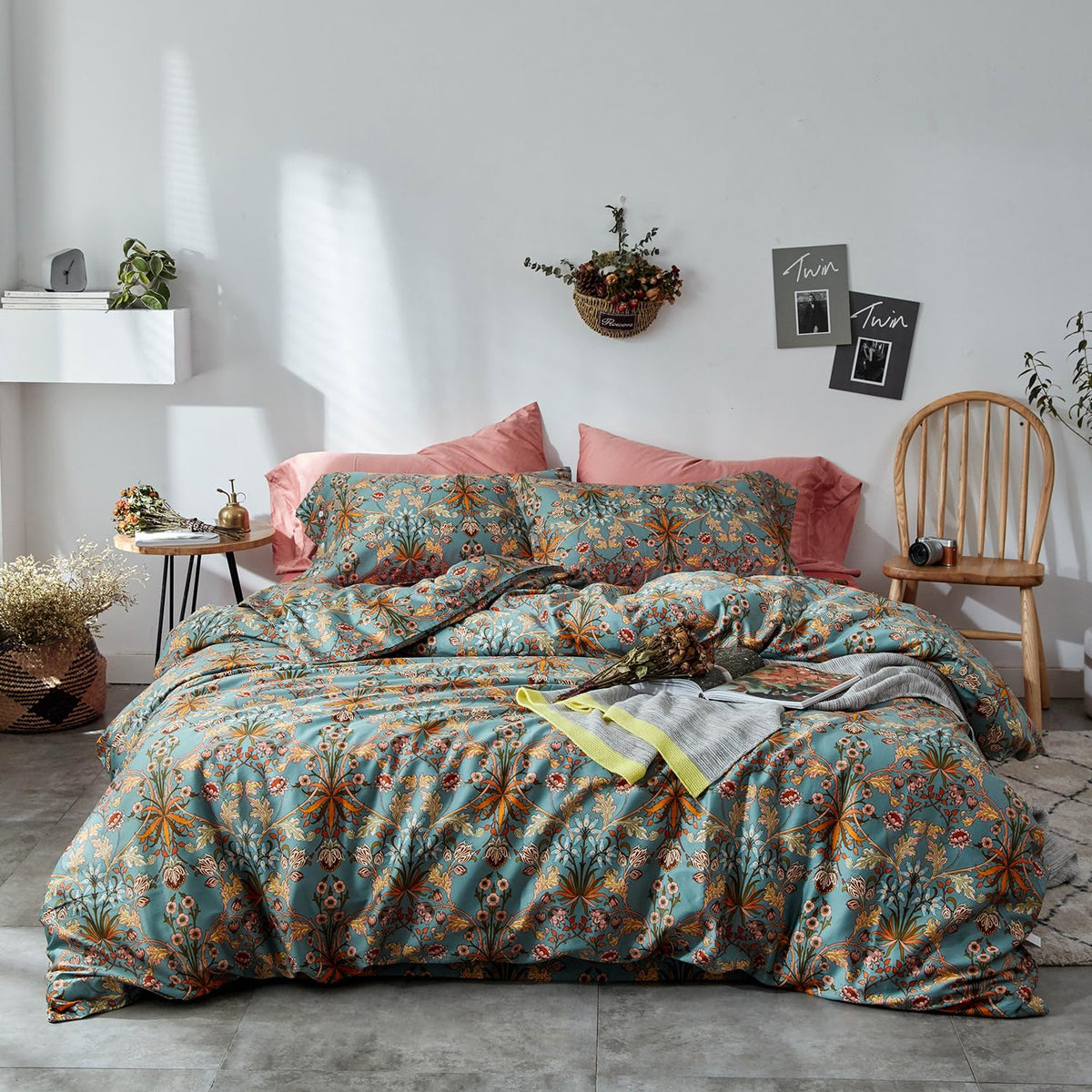 mixinni Duvet Cover Set King Size Bird Flower Pattern Soft Long Staple Cotton Floral Bedding Comforter Cover Set with Zipper Ties for Women and Men, Ultra Soft, Breathable, Easy Care-King Size