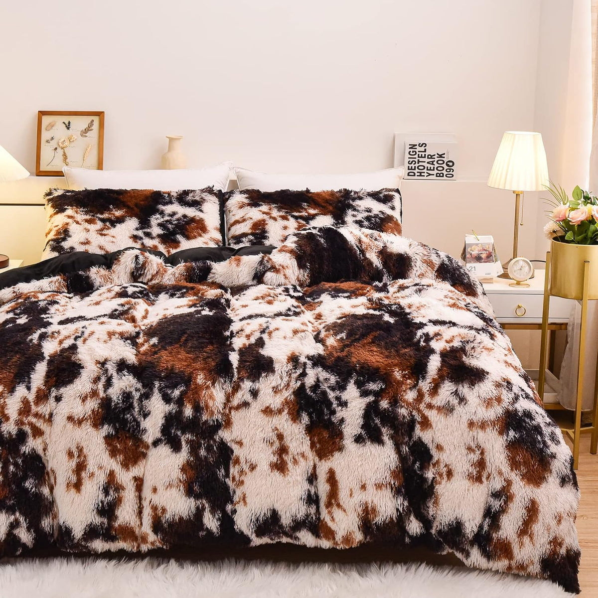 Aimuan Cow Print Duvet Cover Shaggy Fluffy Tie Dye Brown Black Velvet Bedding Cover Set Super Soft Faux Fur Fuzzy Comforter Cover with Pillowcases (Coffee-Black, Queen)