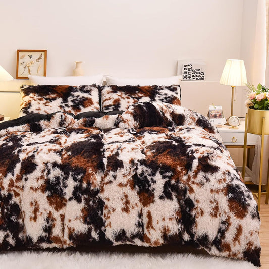 Aimuan Cow Print Duvet Cover Shaggy Fluffy Tie Dye Brown Black Velvet Bedding Cover Set Super Soft Faux Fur Fuzzy Comforter Cover with Pillowcases (Coffee-Black, Queen)