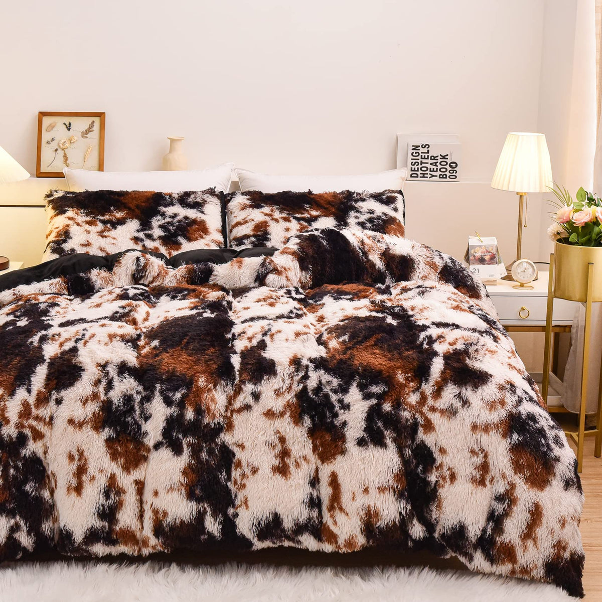 Aimuan Cow Print Duvet Cover Shaggy Fluffy Tie Dye Brown Black Velvet Bedding Cover Set Super Soft Faux Fur Fuzzy Comforter Cover with Pillowcases (Coffee-Black, Queen)