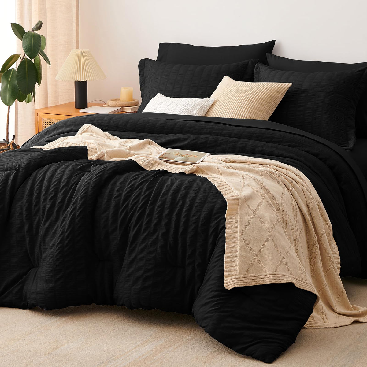 CozyLux Queen Comforter Set, 7 Pieces Beige Seersucker Bed in a Bag
