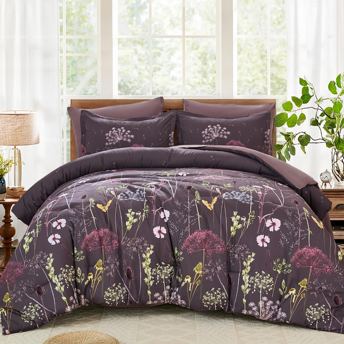 Yiran Queen Comforter Set, 7 Piece Floral Dark Green Bedding Set, Dandelion Botanical Bed in a Bag Queen, Soft Microfiber Complete Bedding Set with Comforter, Sheets, Pillowcases & Shams