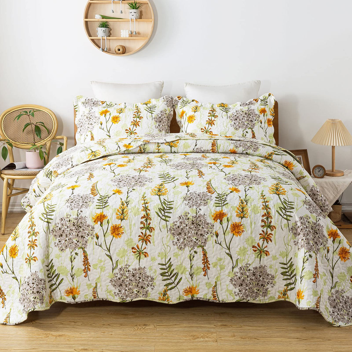 Travan 3-Piece Quilt Set Quilted Bedspread Lightweight Coverlet Set Garden Style Floral Printed Oversized Quilted Bedding Set with Shams for All Season, Exquisite, Queen Size