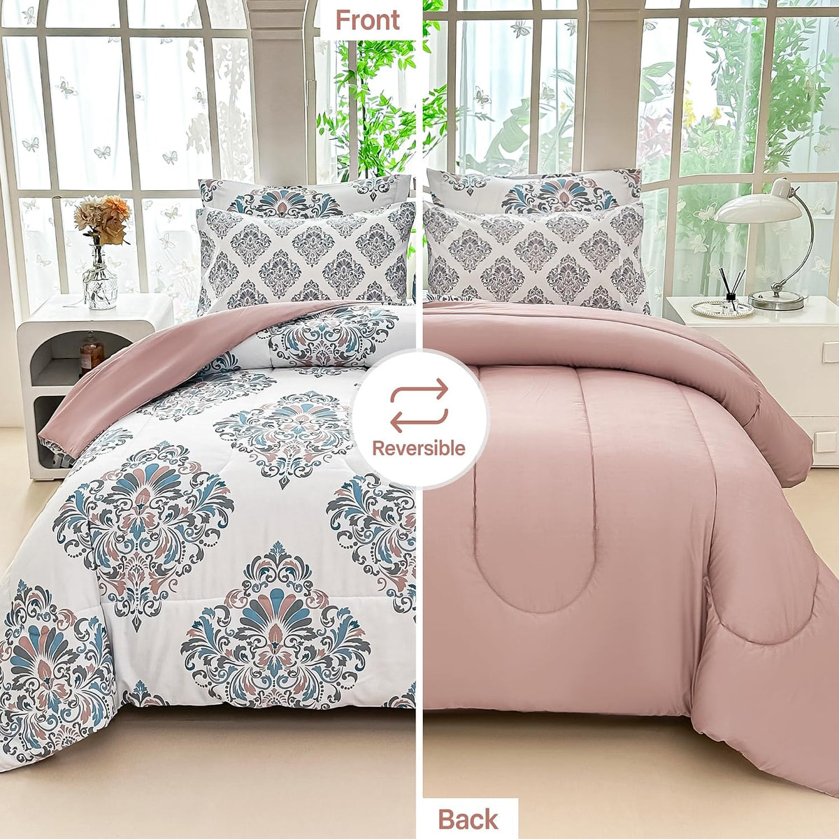 lasoftan Floral Queen Comforter Set with Sheets, 7 piece Luxury Vintage Bedding, Soft Microfiber Bed in a Bag, Cozy Lightweight Bed Set, Damask Boho Flower