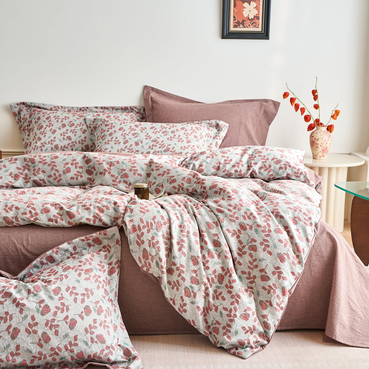 mixinni Duvet Cover Set King Size Bird Flower Pattern Soft Long Staple Cotton Floral Bedding Comforter Cover Set with Zipper Ties for Women and Men, Ultra Soft, Breathable, Easy Care-King Size