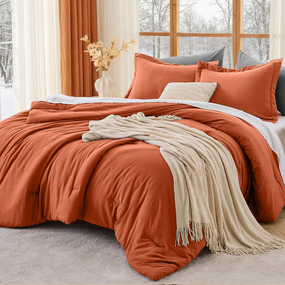 MUXHOMO Queen Size Comforter Set Beige, 3 Piece Solid Bedding for All Seasons, Warm Down Alternative Bed Set Includes 1 Lightweight Comforter (90"x90") and 2 Pillowshams (20"x26")