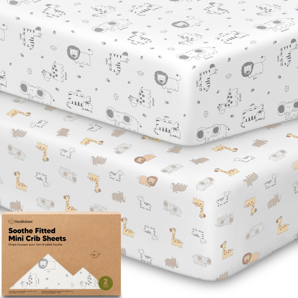 2-Pack Mini Crib Sheets Fitted, 38x26 Pack N Play Mattress Sheets (Elly)