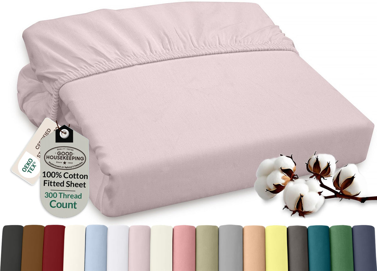 ROYALE LINENS 300 Thread Count 100% Long Staple Combed Cotton Fitted Sheet Full - Super Soft Deep Pocket Bottom Sheet - Fitted Sheets Only - Elastic Sheets (Full, White)