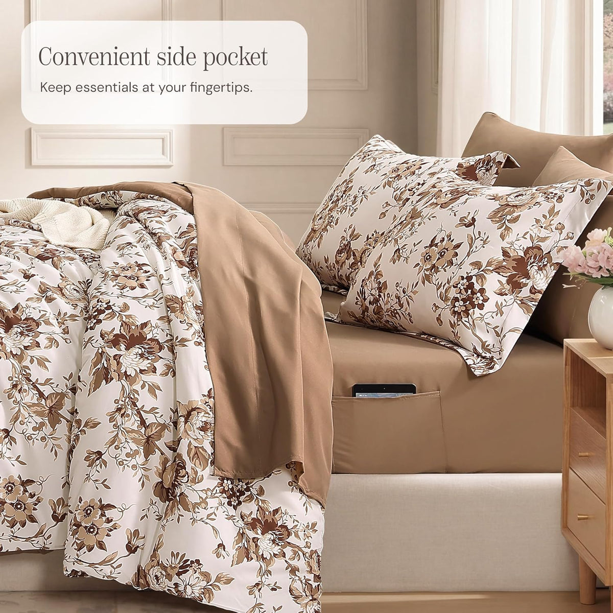 BLOOMHAVEN Queen Comforter Set-7 Pieces Brown Floral Bed in a Bag Queen