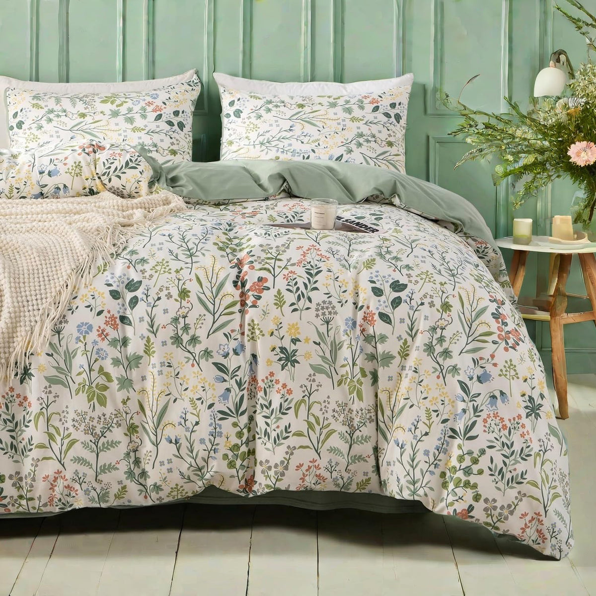 mixinni Duvet Cover Set King Size Bird Flower Pattern Soft Long Staple Cotton Floral Bedding Comforter Cover Set with Zipper Ties for Women and Men, Ultra Soft, Breathable, Easy Care-King Size