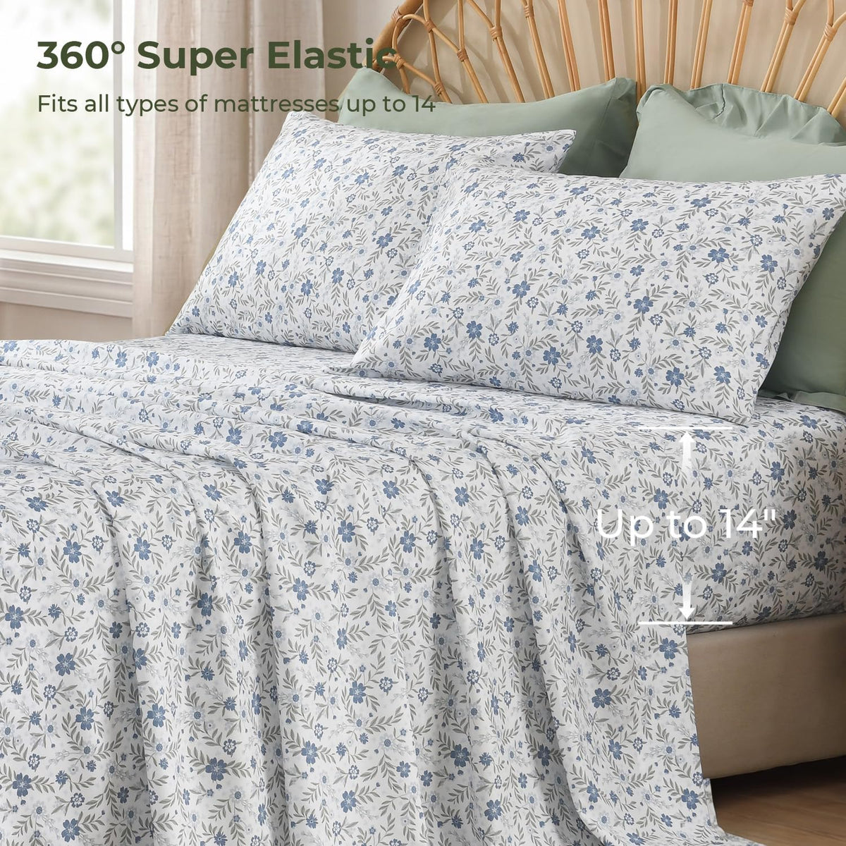 Litanika 7Pcs Queen Ruffled Sage Green Comforter Set with Floral Sheets