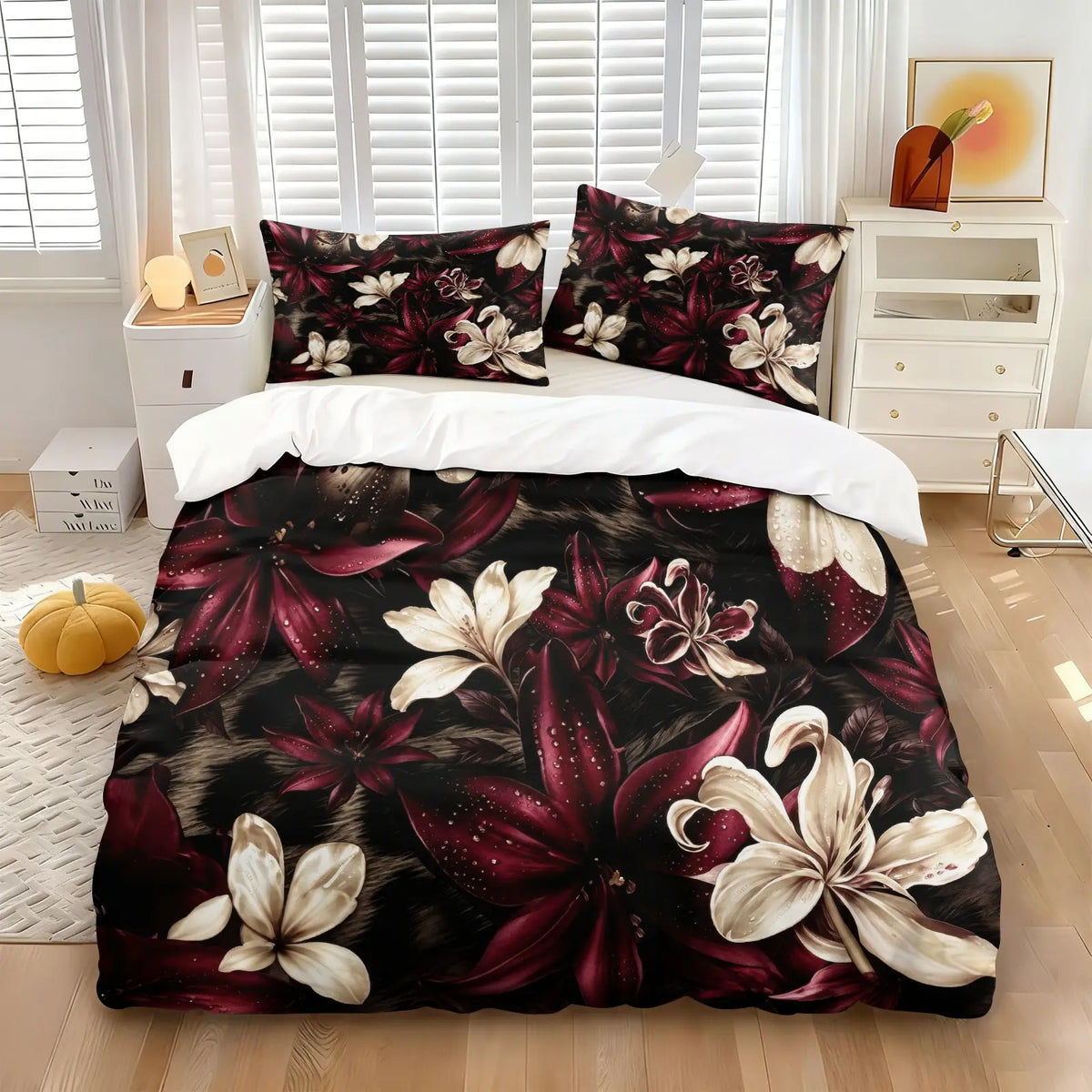 Dark Floral Leopard Print Duvet Cover Set, Includes 1 Duvet Cover and 1‑2 Pillowcases, Soft Comfortable Breathable All‑Season Bedding Set, Burgundy Lily Flower Realistic Pattern, Glam Gothic Boho Aesthetic Room Decor, Soft Bedding Sets