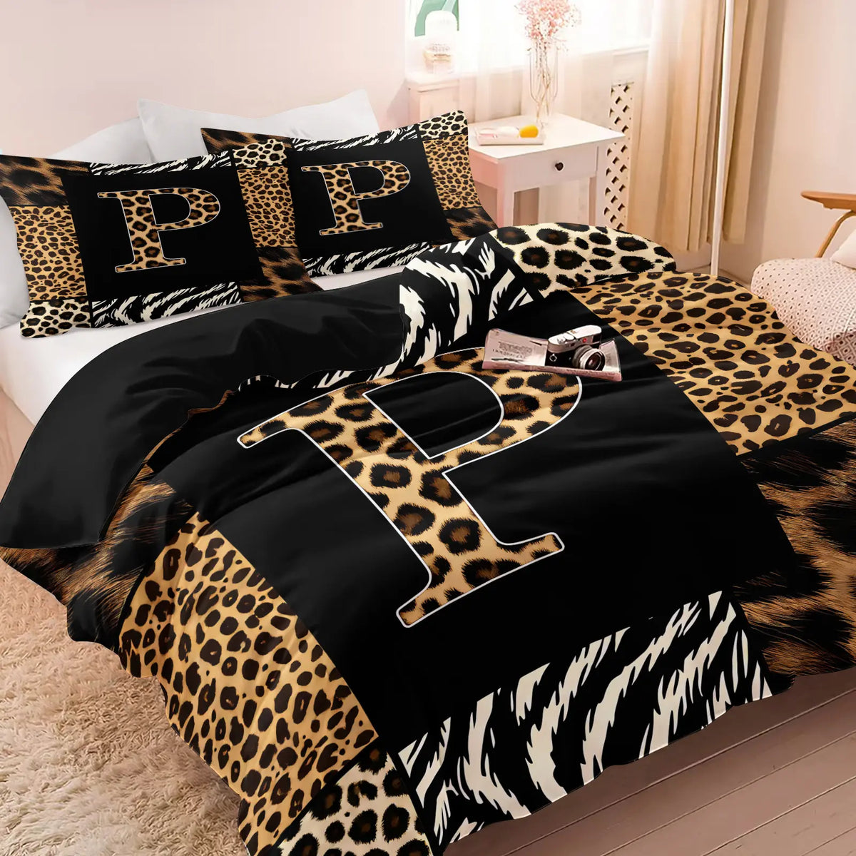 Leopard Zebra Print Letter M Decorative Duvet Cover Set (1 Duvet Cover + 1-2 Pillowcases), Soft Skin Friendly Breathable All Season Bed Linen, Animal Patchwork Letter M HD Vivid Printed Bedding Set, Edgy Modern Bedroom & Dorm Home Decor, Soft Bedding Sets