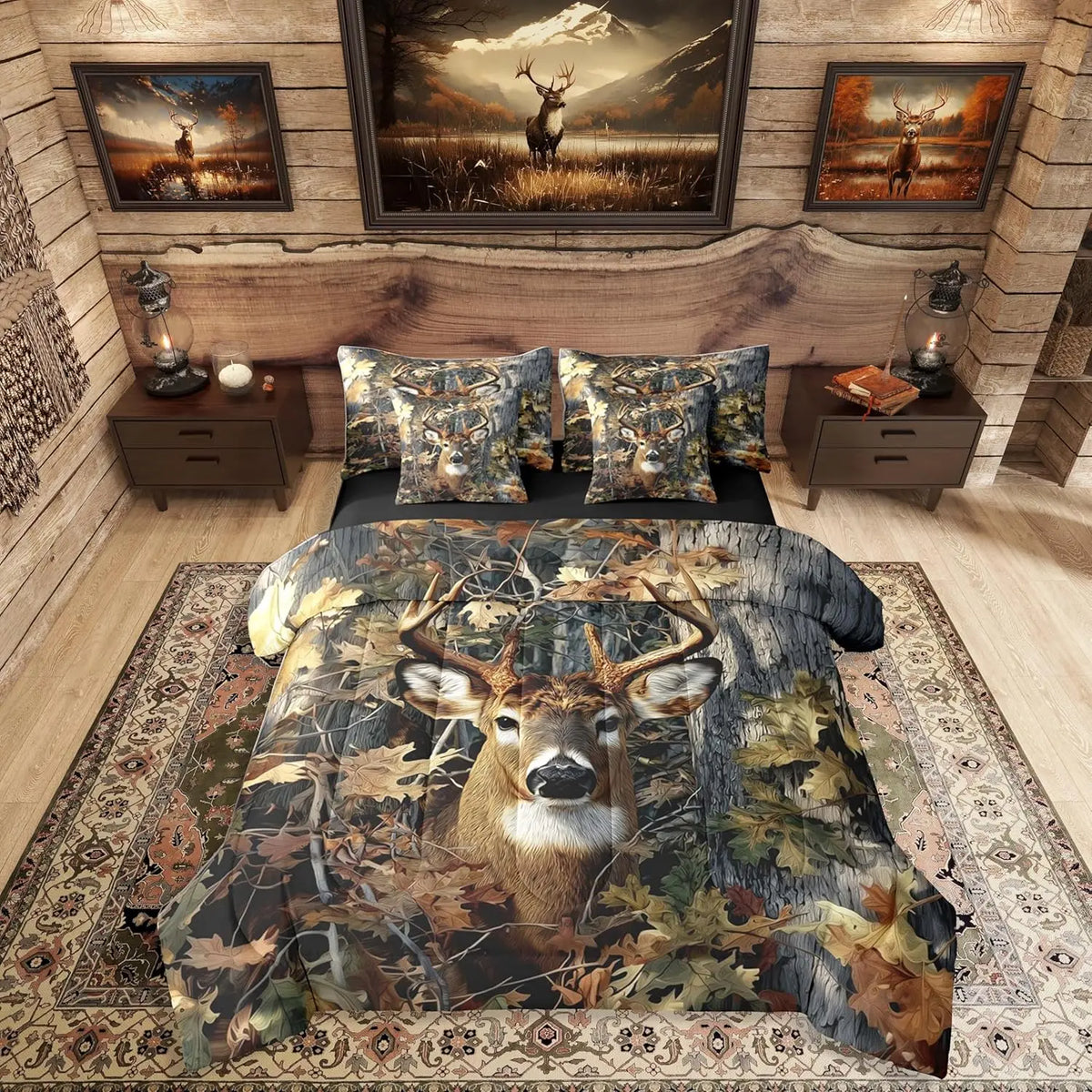 Feelyou 7-Piece Camo Print Deer Hunting Queen Bed Set - Thicker Comforter Warmth, Animal & Army-Themed Bedding Collections, Rural Rustic Bedroom Decor, Bed-in-A-Bag Gift for Men,sohochic