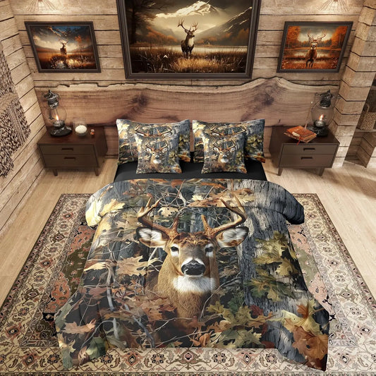 Feelyou 7-Piece Camo Print Deer Hunting Queen Bed Set - Thicker Comforter Warmth, Animal & Army-Themed Bedding Collections, Rural Rustic Bedroom Decor, Bed-in-A-Bag Gift for Men,sohochic