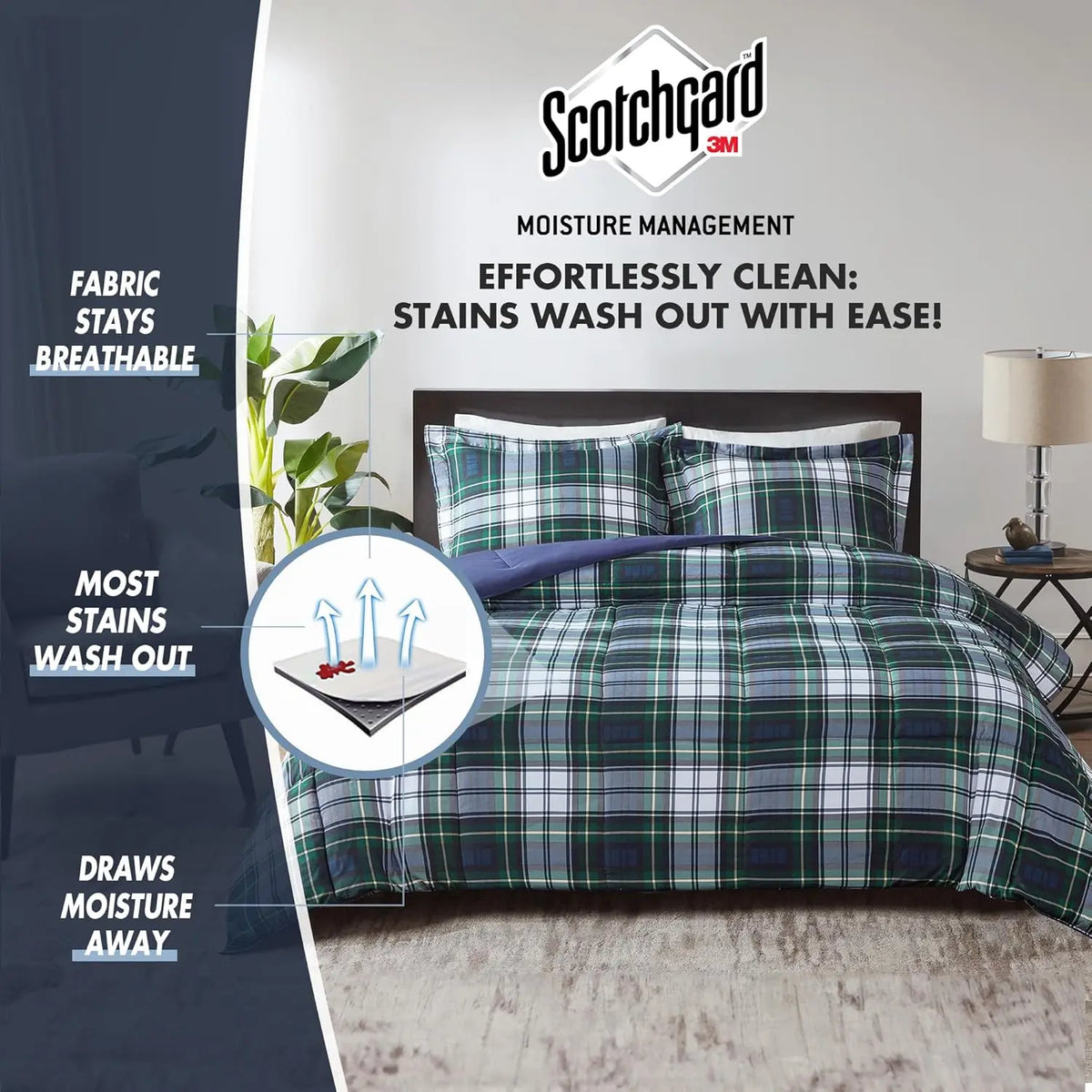 Madison Park Black/White Plaid Gingham Printed King Bedding Set - Breathable 3M Scotchgard Stain Release Cover, Hypoallergenic All-Season Comforter, 2" Flange Shams Included, Machine Washable Home Decor Essential