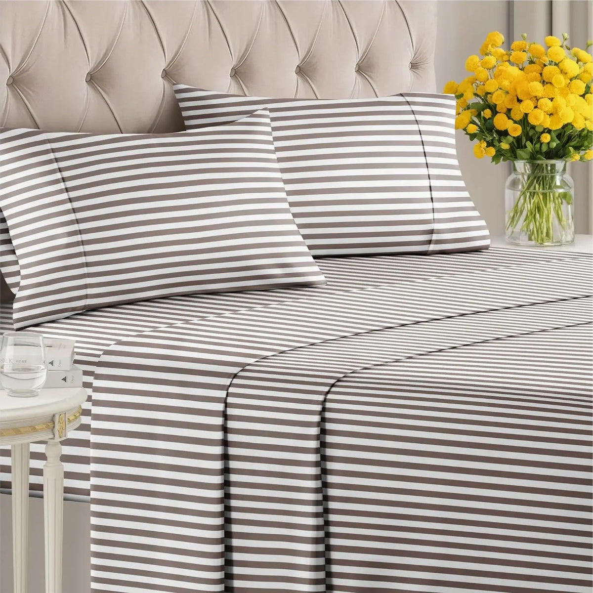 CGK | Printed 4-Piece Stripe Sheet Set – Soft Microfiber Bedding, Deep Pocket, Wrinkle-Free, Cooling, Chic Design Bedsheet Sets