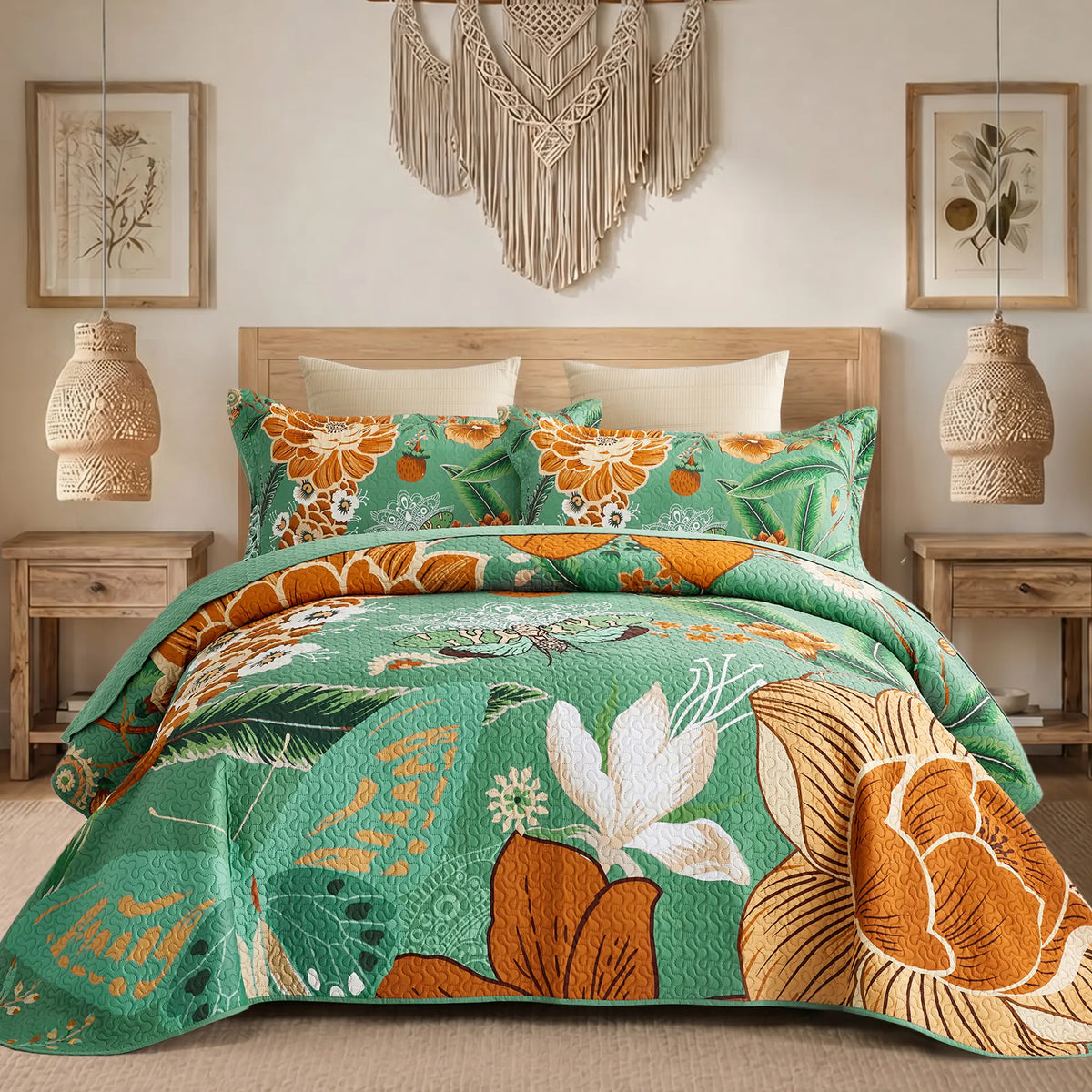 Tyrot 3-Piece Queen Size/California King Bohemian Quilt Bed Set - Wrinkle-Resistant Microfiber Comforter Set with 2 Shams, Farmhouse Botanical Reversible Lightweight Coverlet, Mid-Century Leaves, Breathable Fade-Proof All-Seasons Black Bedding, Queen Size