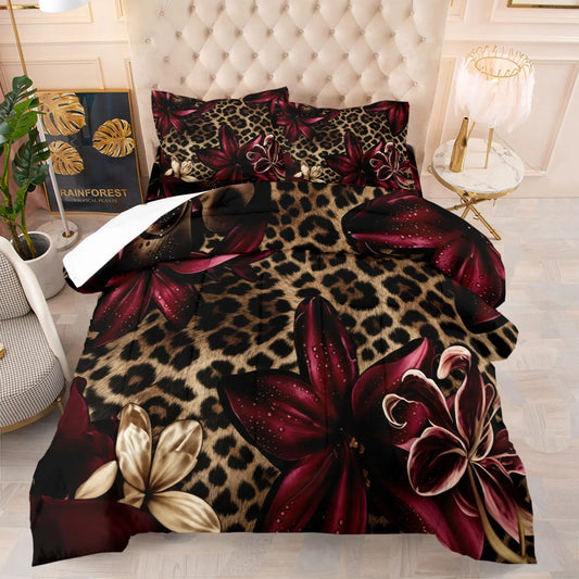 Leopard Print Burgundy Lily Retro Wild Floral Comforter Set, Soft Lightweight Quilt, Ideal for Dorms, Hotels, Bedrooms, All Seasons Comfortable Design, Easy Care, Includes 1-2 Coreless Pillowcases, Decorative Bedding Set