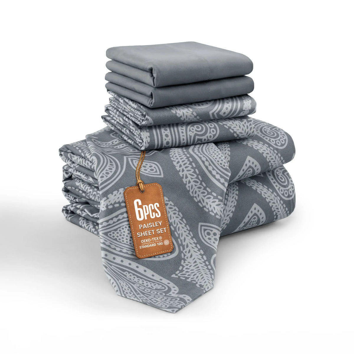 LUX DECOR Collection Queen 6-Pc Paisley & Solid Embroidered Bedding Set - Hypoallergenic Printed Sheets, Pillowcases, 16" Deep Pocket, Wrinkle Resistant, Hotel Luxury, Cozy, Breathable, Cooling, Decorative Bedsheet Sets, Summer Gifts (Twin XL Compatible)