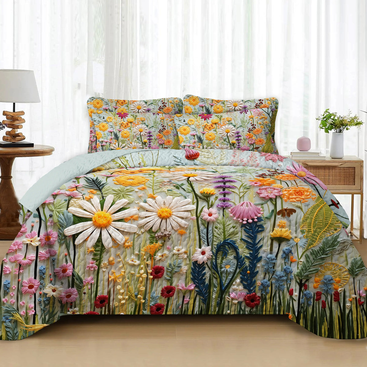Bohemian-Style Bright Floral Chrysanthemum-Print Microfiber Bedding Set, Ultra-Thin Quilted Quilt, Breathable Micro Top, Fade-Resistant, Soft All-Season Bedding,sohochic