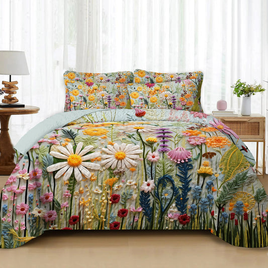 Bohemian-Style Bright Floral Chrysanthemum-Print Microfiber Bedding Set, Ultra-Thin Quilted Quilt, Breathable Micro Top, Fade-Resistant, Soft All-Season Bedding,sohochic