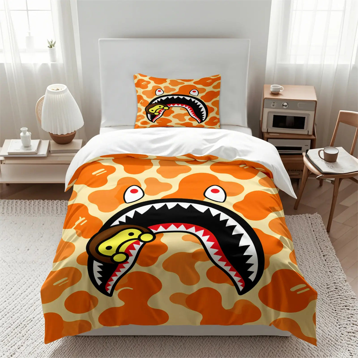 Ape Red & Black Camo Shark Mouth Cartoon Monkey Print Duvet Cover Set, 1 Duvet and 1-2 Pillowcases, Street Trendy Style Comfortable Easy Care Bedding, Ideal for Teen Hypebeast Bedroom Dorm Gaming Room Decor
