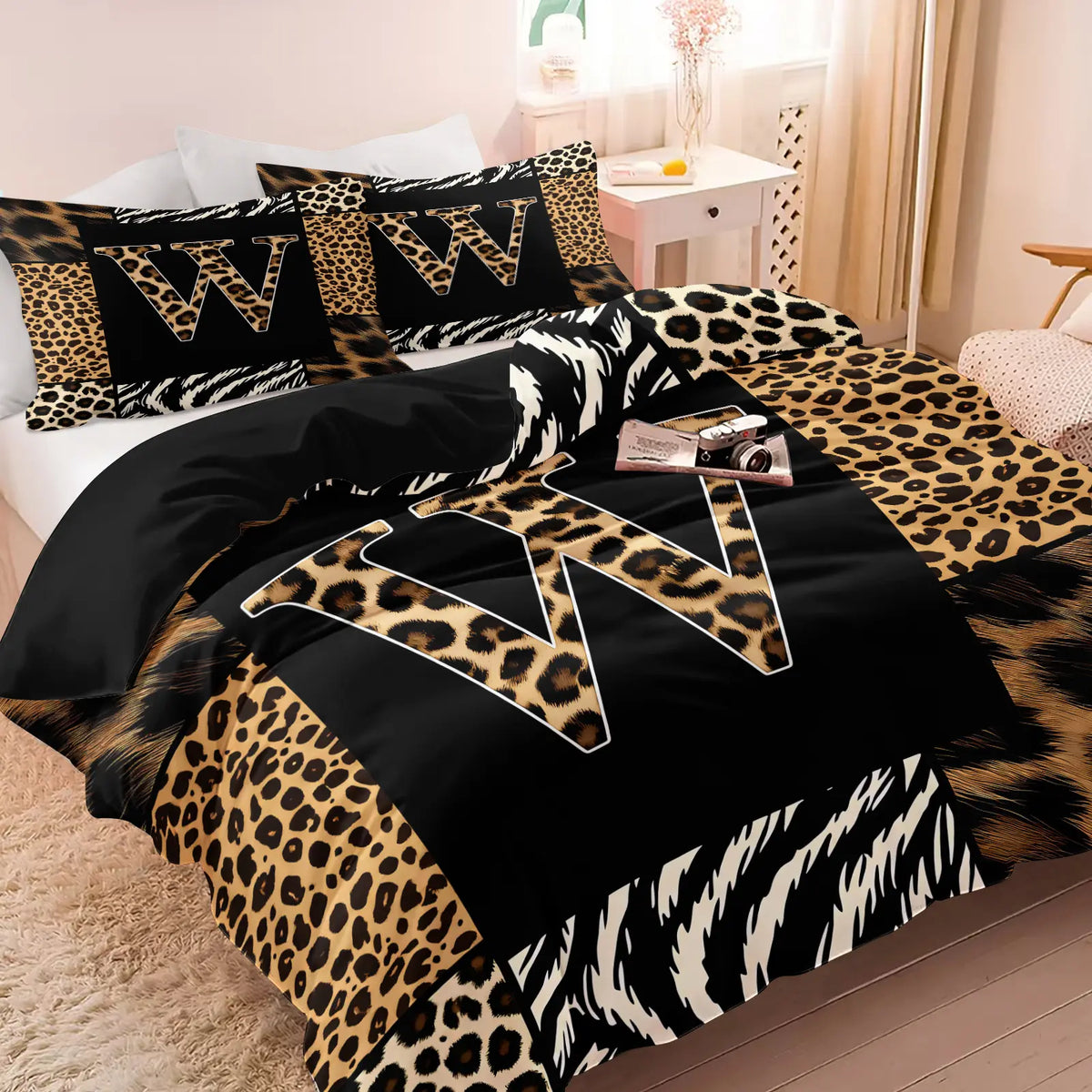 Leopard Zebra Print Letter M Decorative Duvet Cover Set (1 Duvet Cover + 1-2 Pillowcases), Soft Skin Friendly Breathable All Season Bed Linen, Animal Patchwork Letter M HD Vivid Printed Bedding Set, Edgy Modern Bedroom & Dorm Home Decor, Soft Bedding Sets
