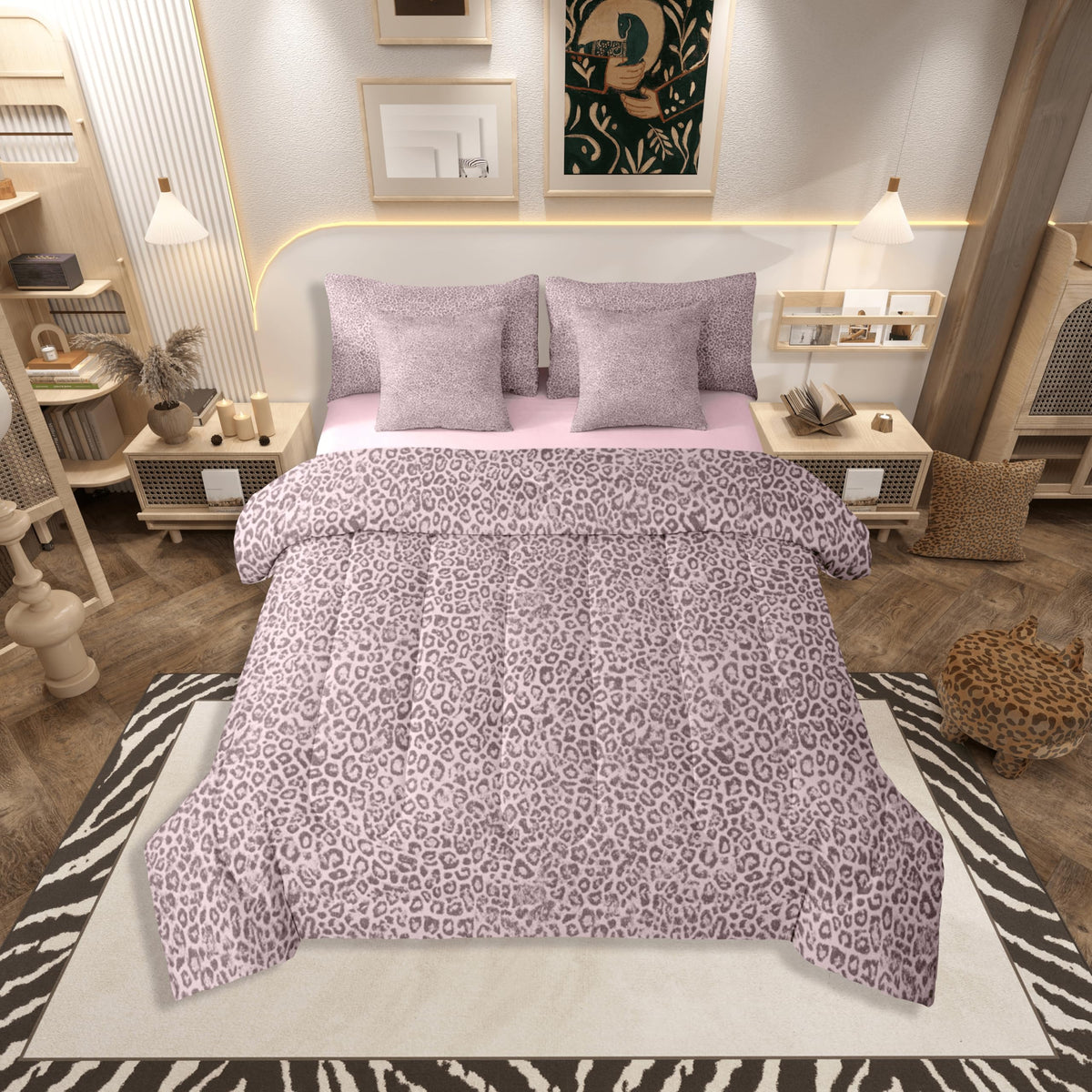 jejeloiu Leopard Print Comforter Set with Sheets 7 Piece Queen Size Cheetah Print Bedding Set for Kids Boys Girls Beige Bed in a Bag Modern Art Room Decor Soft Lightweight Microfiber