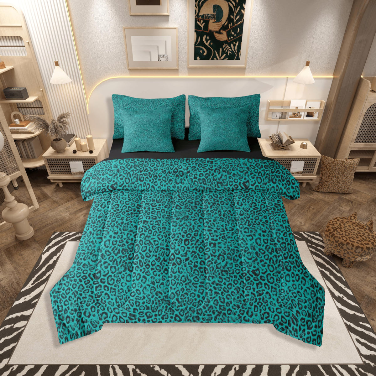 jejeloiu Leopard Print Comforter Set with Sheets 7 Piece Queen Size Cheetah Print Bedding Set for Kids Boys Girls Beige Bed in a Bag Modern Art Room Decor Soft Lightweight Microfiber