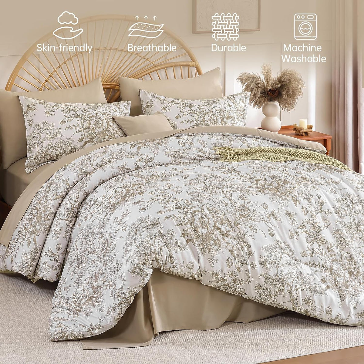 Queen Comforter Set 8 Pieces, Floral Comforter Set, Brown Bed in a Bag