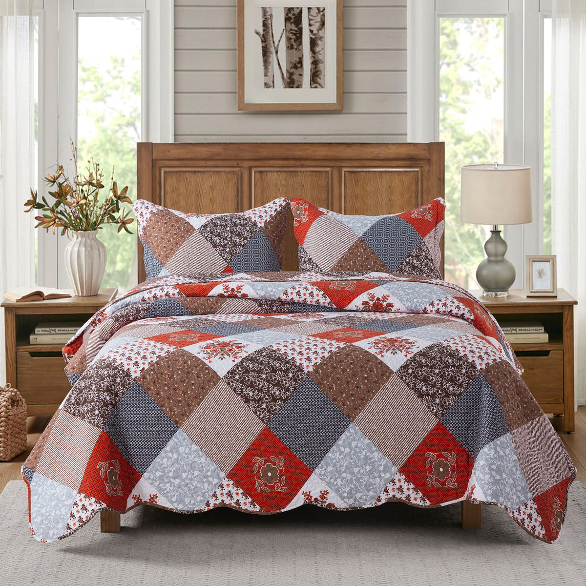 Travan 3-Piece Quilt Set Quilted Bedspread Lightweight Coverlet Set Garden Style Floral Printed Oversized Quilted Bedding Set with Shams for All Season, Exquisite, Queen Size
