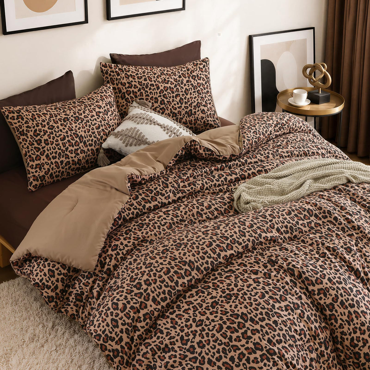 Cheetah Print Comforter Set Queen, Luxury Leopard Print Bedding, Brown