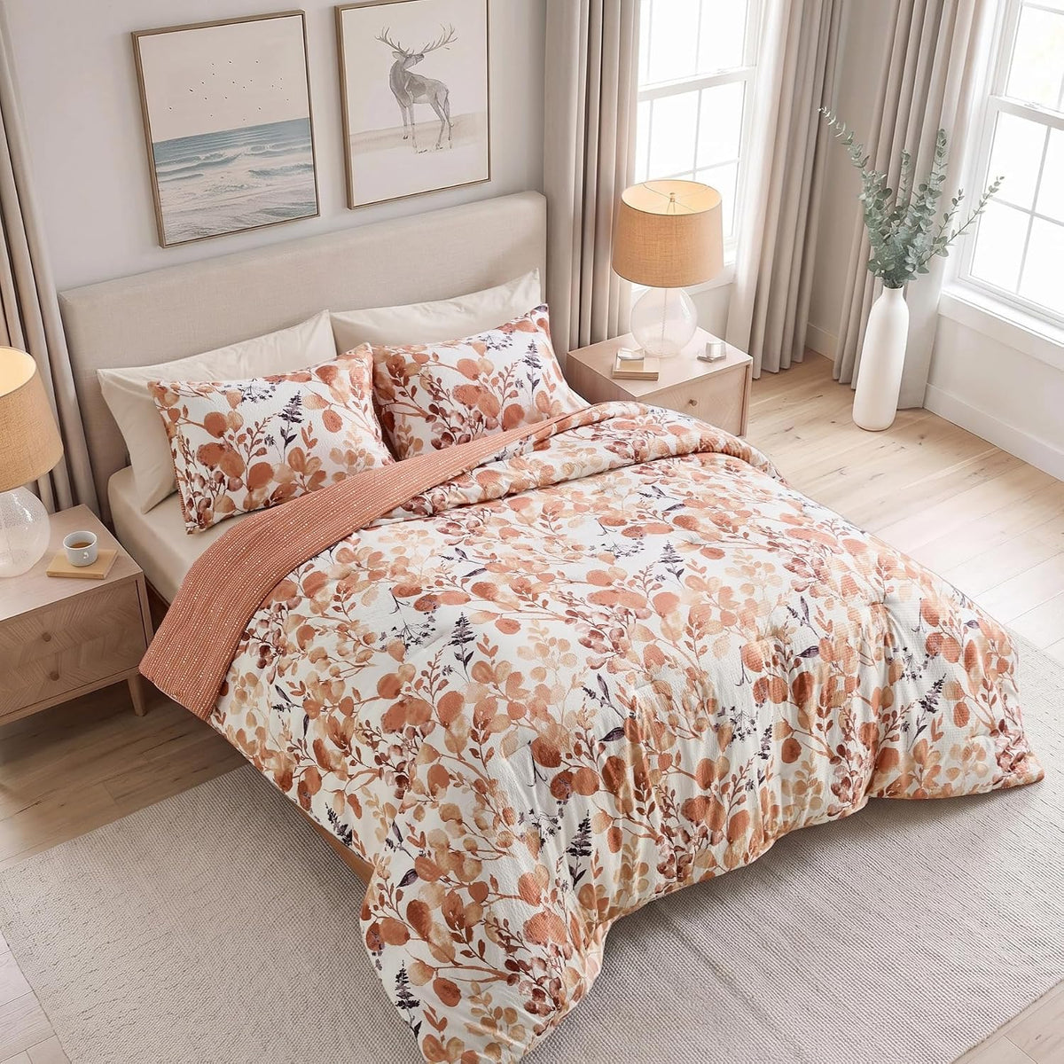 Lightweight Seersucker Botanical Comforter Set King Size, 3 Pieces Reversible Design with Striped Print, Premium Microfiber Bedding Set, Comforter and Sham Set, Green