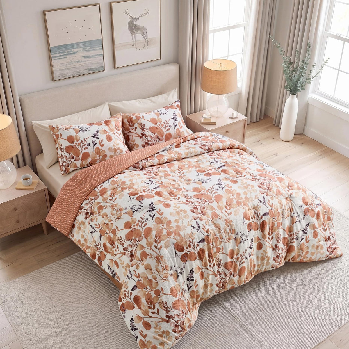 Lightweight Seersucker Botanical Comforter Set King Size, 3 Pieces Reversible Design with Striped Print, Premium Microfiber Bedding Set, Comforter and Sham Set, Green
