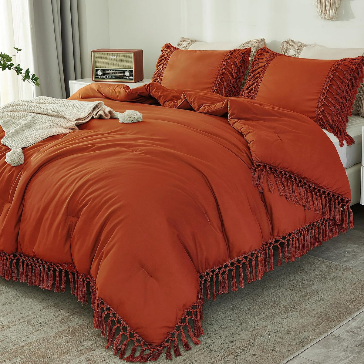 Andency Terracotta Comforter Set Queen, 3 Pieces Boho Tassel Bedding