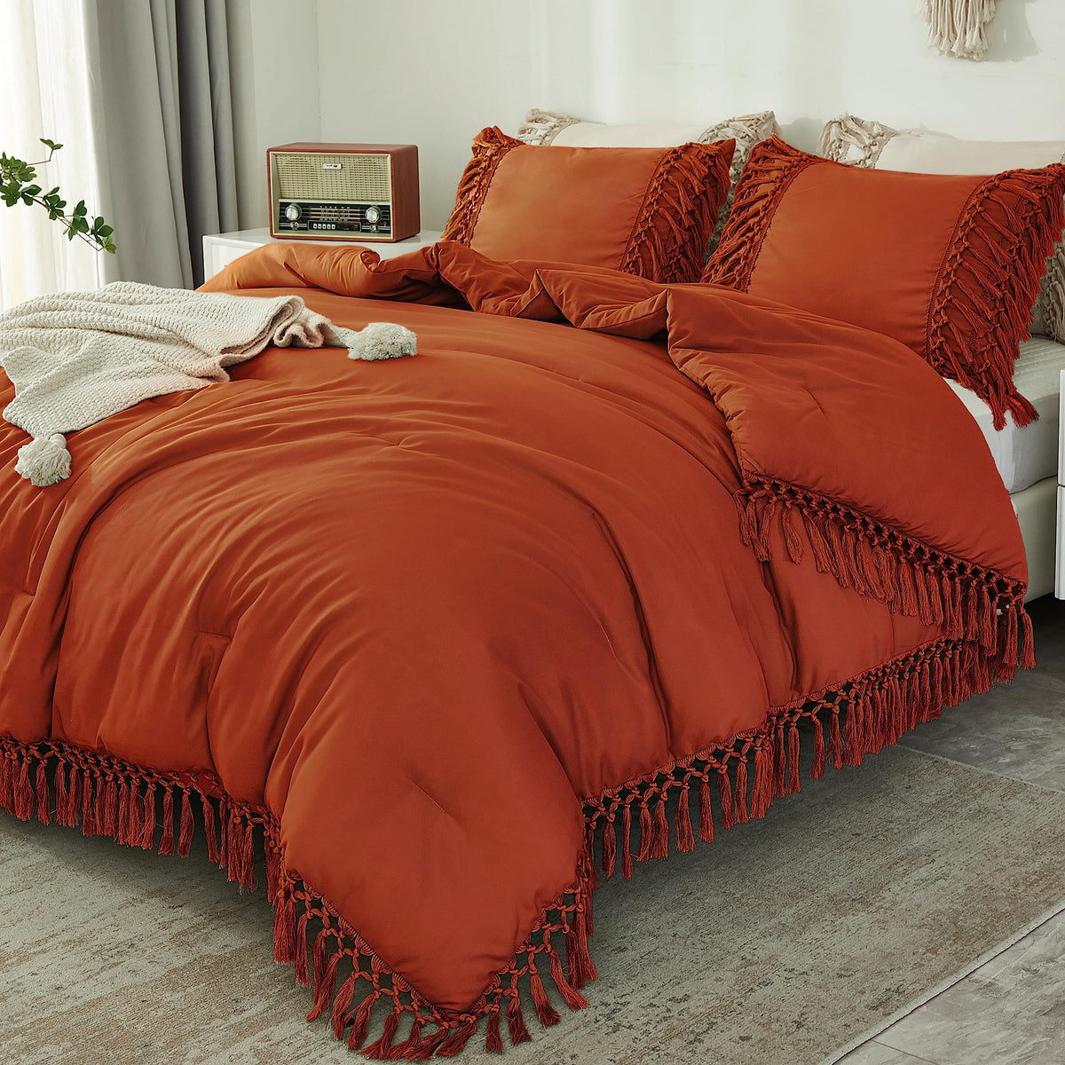 Andency Terracotta Comforter Set Queen, 3 Pieces Boho Tassel Bedding