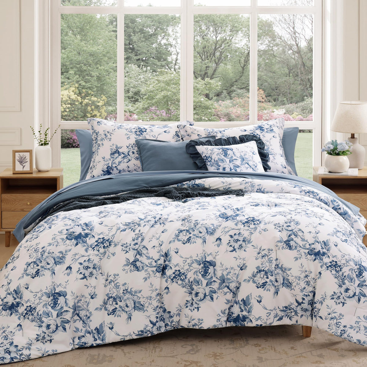 BLOOMHAVEN Queen Comforter Set-7 Pieces Brown Floral Bed in a Bag Queen